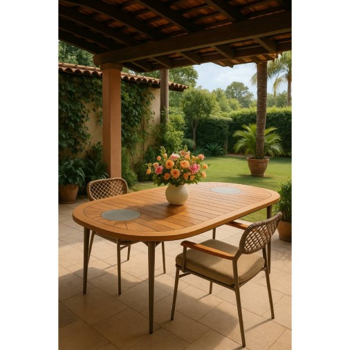 Mesa De Jantar Em Alumínio Doce Tampo Em Madeira Teca (03)